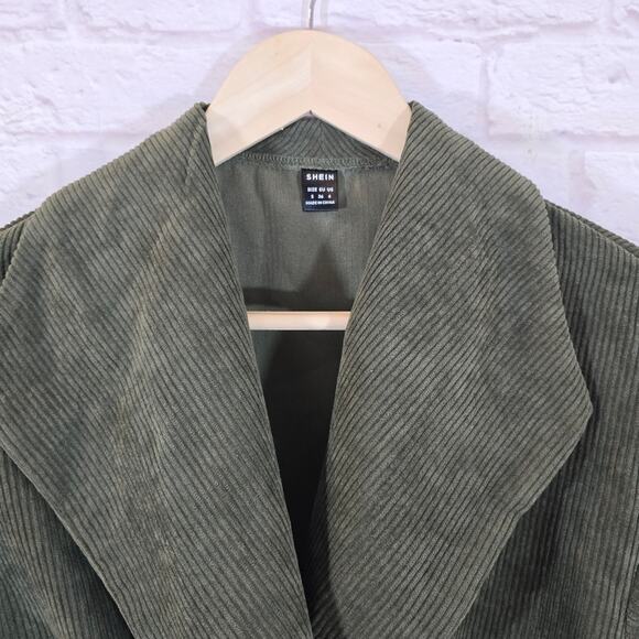M Shein Dark Olive Green Statement Collar Corduroy Crop Top Size S Long Sleeve - Picture 2 of 9